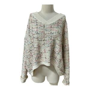 Favlux Women’s M V Neck Cream Chunky Knit Oversized Metallic Ribbon Swea…